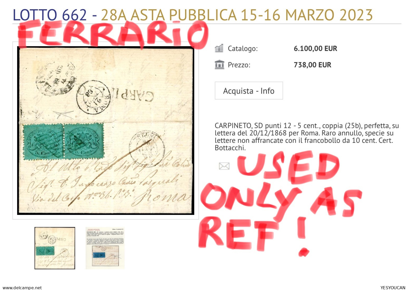 Stato Pontificio Sa.25 SPL ! RARO CARPINETO + SEGNI 1869 (EX PROVERA) lettera>Roma (Italia Italy cover Lazio Velettri