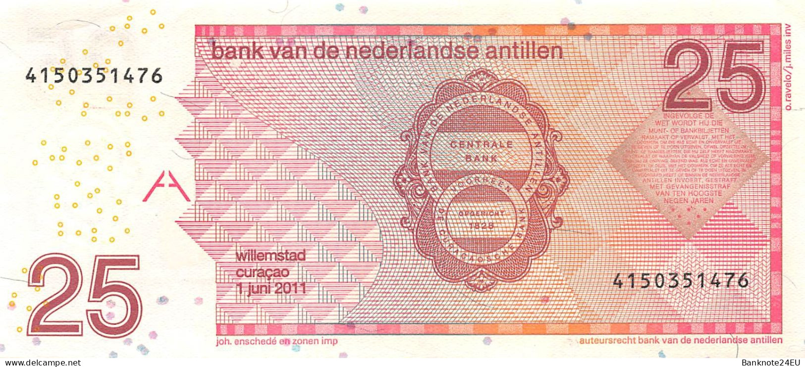 Netherlands Antilles 25 Gulden 2011 Xf Pn 29f Serienumber 4150351476 - Nederlandse Antillen (...-1986)