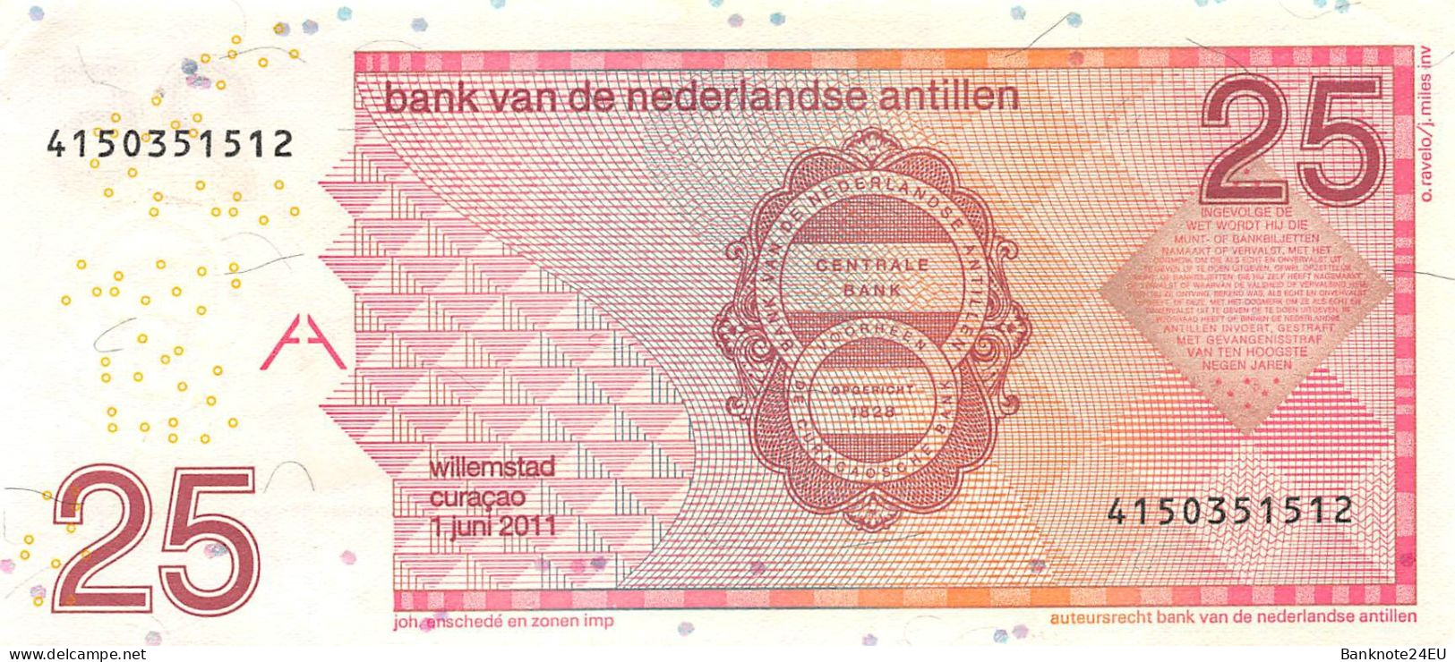 Netherlands Antilles 25 Gulden 2011 Xf Pn 29f Serienumber 4150351512 - Antilles Néerlandaises (...-1986)