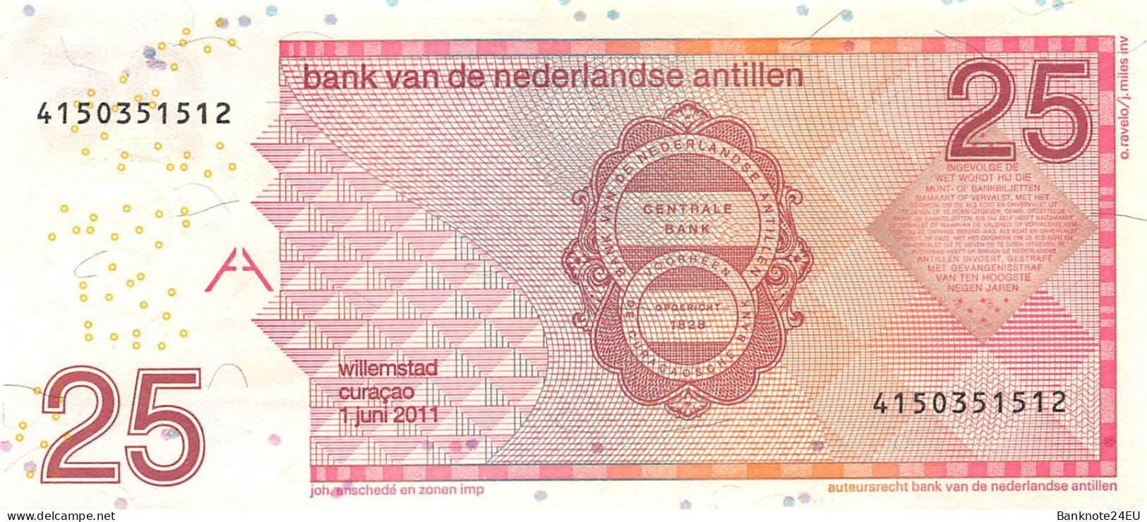 Netherlands Antilles 25 Gulden 2011 Xf Pn 29f Serienumber 4150351512 - Antille Olandesi (...-1986)