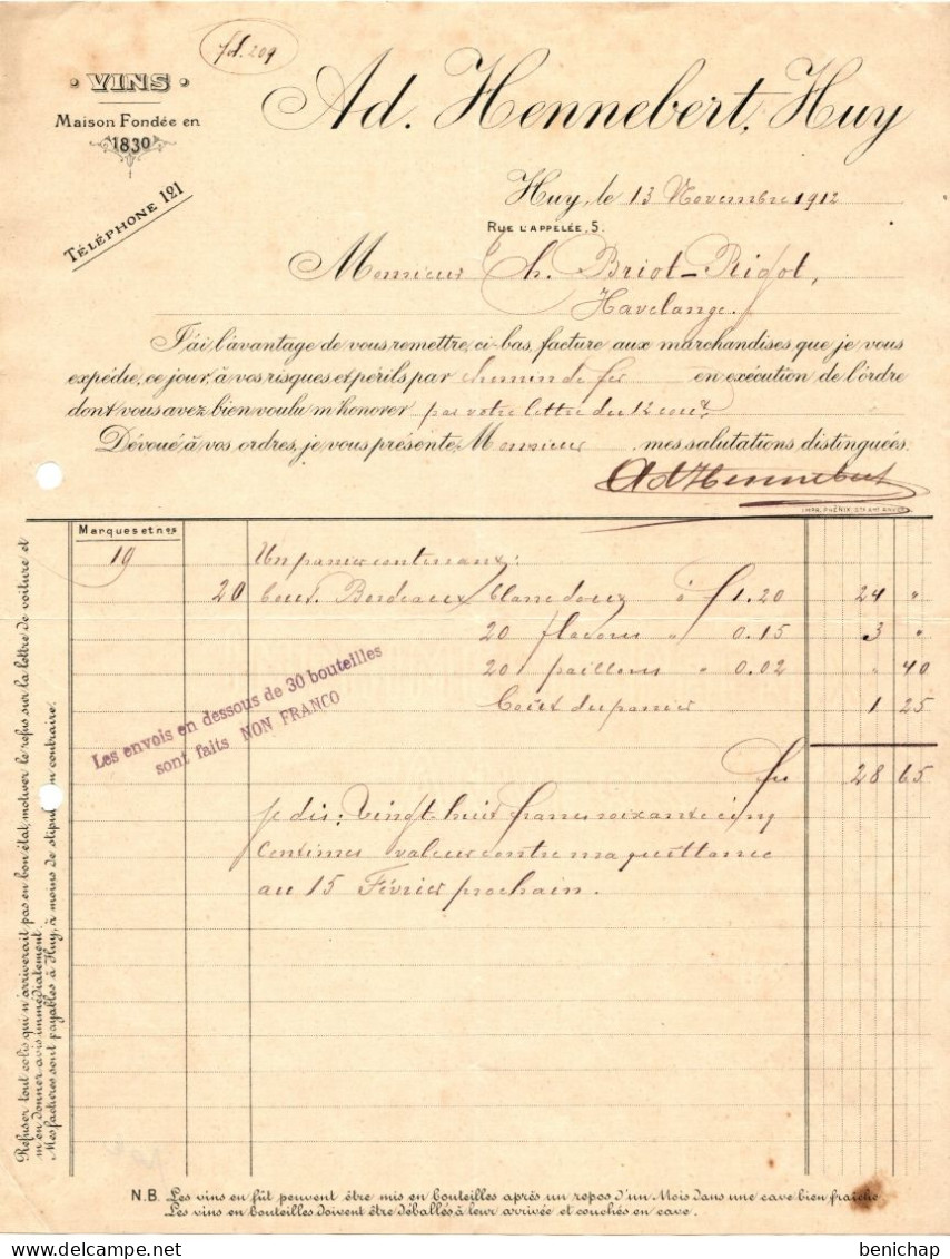 Vins - Maison Fondée En 1830 - Ad. Hennebert - Huy, 13 Novembre 1912 Vers Havelange - Alimentaire