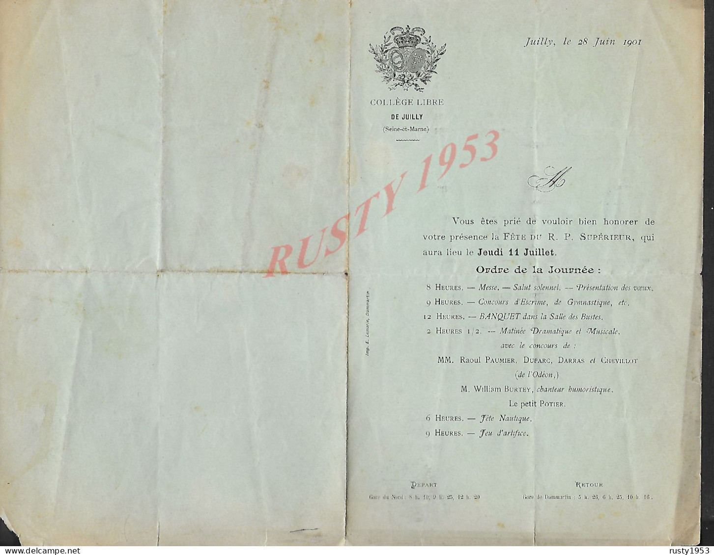 PROGRAMME EN TÊTE FÊTE DU R P SUPÈRIEUR 1901 MATINÉE DRAMATIQUE ET MUSICALE  AU COLLÉGE LIBRE DE  JUILLY : - Programmes