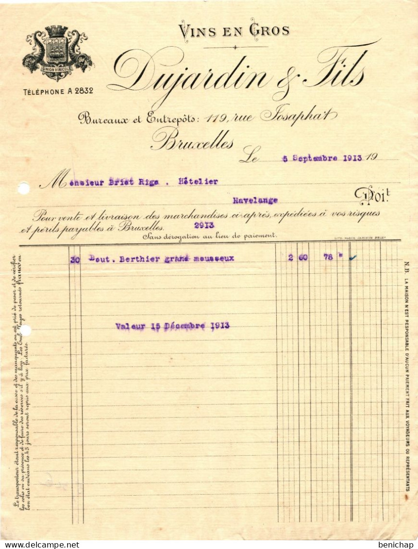 Vins En Gros - Dujardin & Fils - Bruxelles Vers Havelange Le 5 Septembre 1913. - Lebensmittel