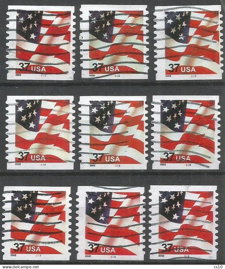 USA Flag 2002 Issue Coils P.10 Vert. - Cpl 9v Set Used ALL WITH PLATE NUMBER #1 To #9 - Rollenmarken (Plattennummern)