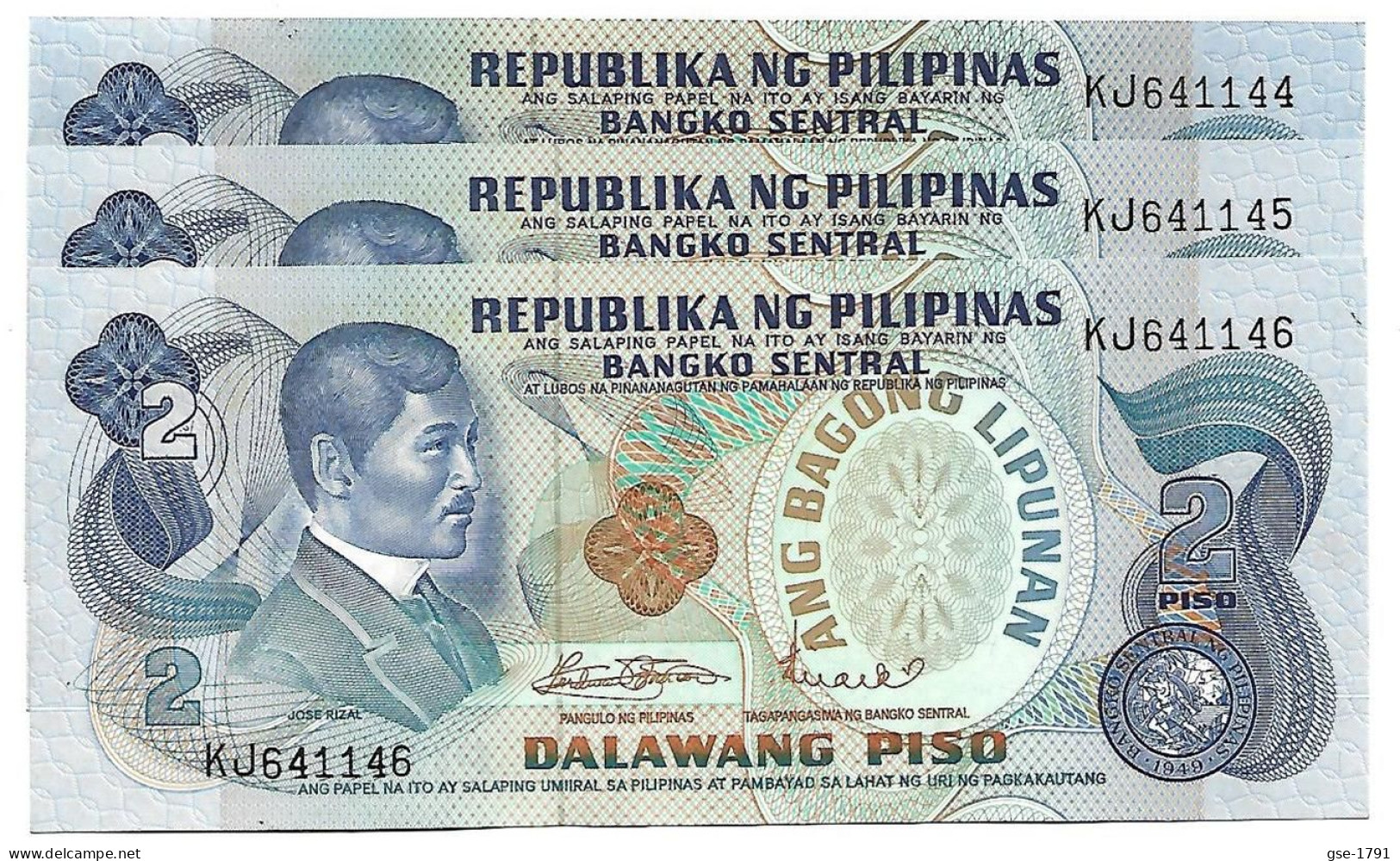 PHILIPPINES  José RIZAL  2 PISO (1970) #152  Lot De 3 Billets Série,  Pr. Neuf - Philippines
