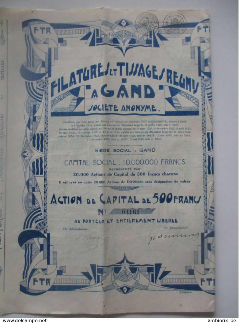 Filatures Et Tissages Réunis à Gand - Action De Capital De 500 Francs - Textile