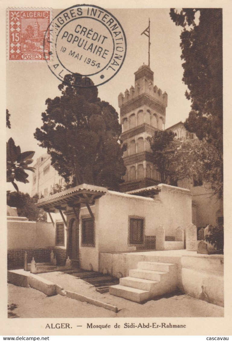 Carte  Maximum    ALGERIE    Mosquée  De   SIDI - ABD - ER - RAHMANE   Congrés  CREDIT  POPULAIRE    ALGER   1954 - Cartoline Maximum