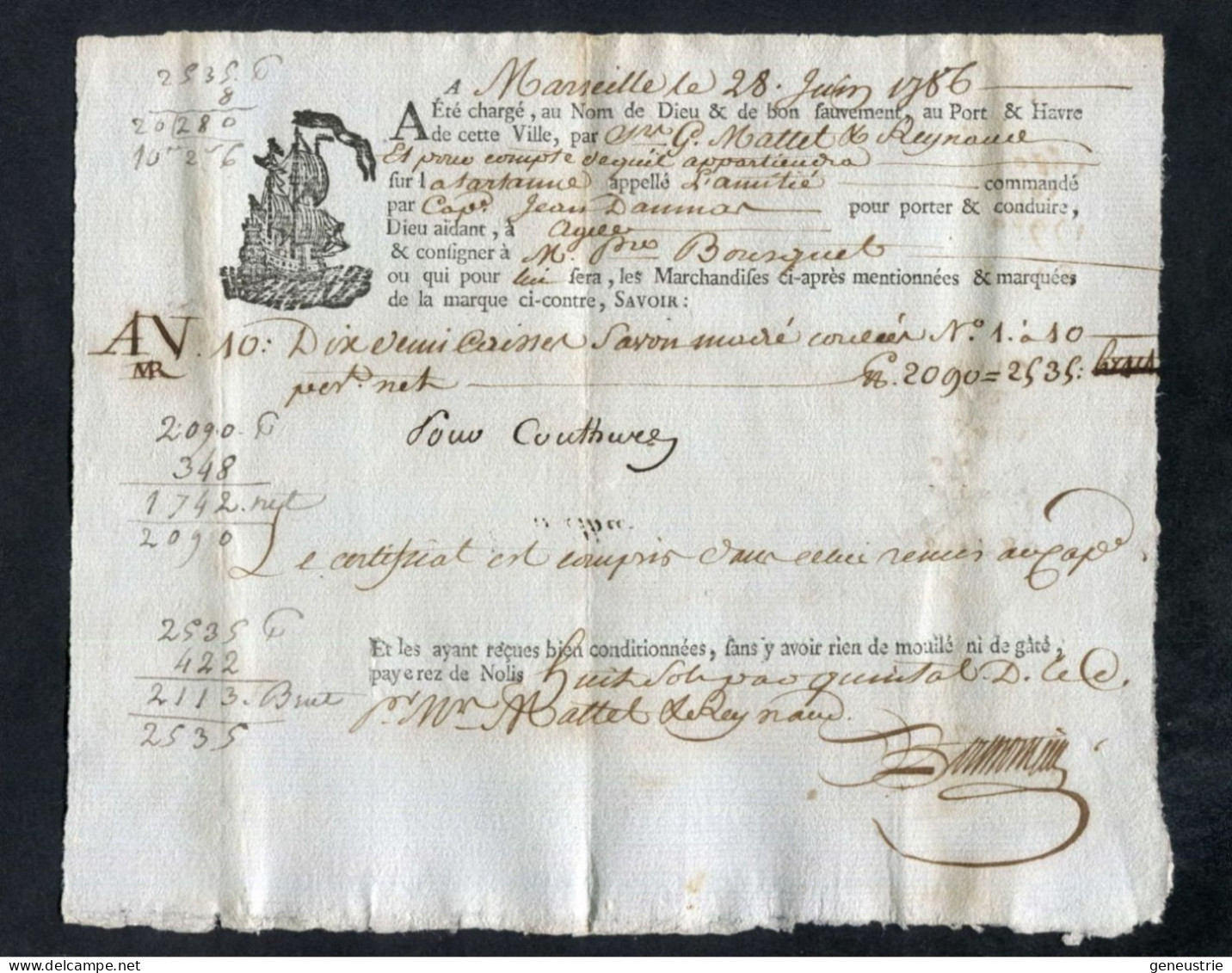 Connaissement XVIIIe - Lettre De Voiture Ou De Roulage 1786 Marseille Pour Agde (Hérault) - Bill Of Lading - ... - 1799