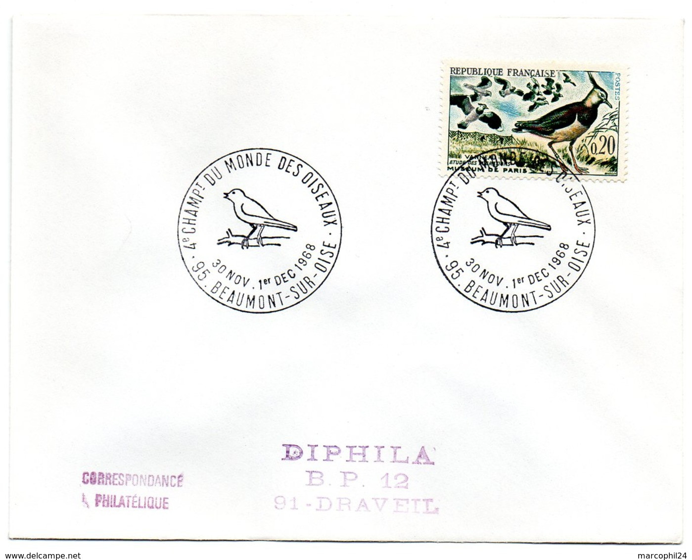 OISEAU / OISEAUX = 95 BEAUMONT Sur OISE 1968 = CACHET  Illustré CONCORDANT N° 1276 'CHAMPIONNAT DU MONDE DES OISEAUX' - Oblitérations & Flammes