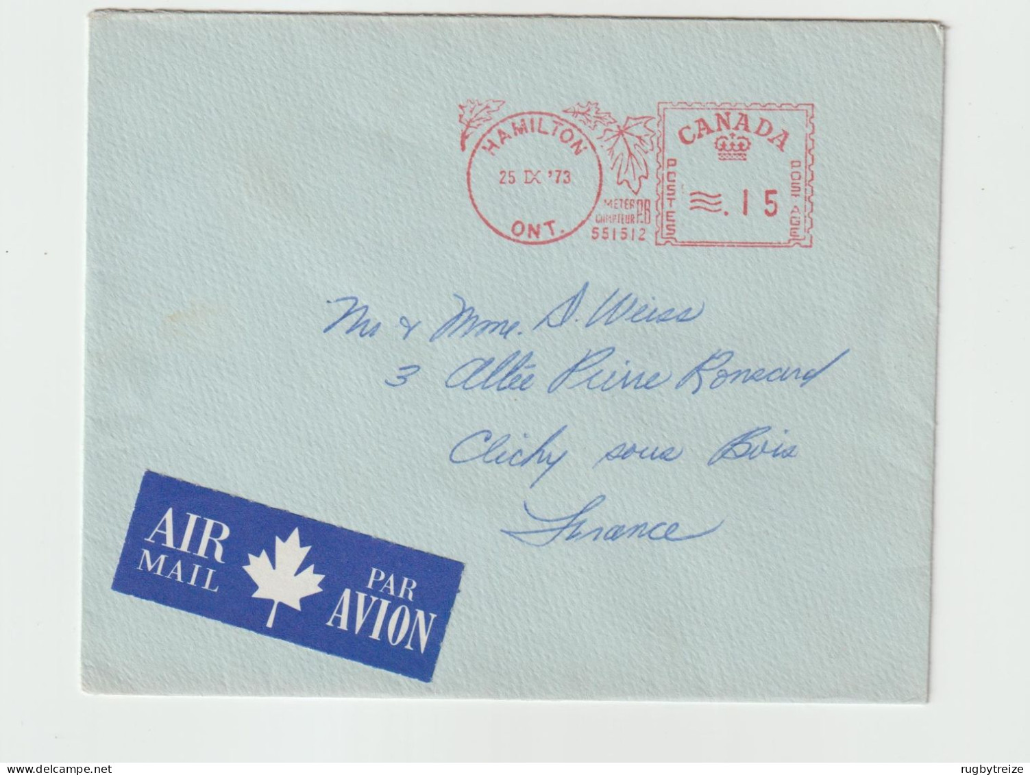 6297 LETTRE COVER CANADA HAMILTON FLAMME MECANIQUE OBLITERATION MECANIQUE 1973 WEISS CLICHY SOUS BOIS - Brieven En Documenten