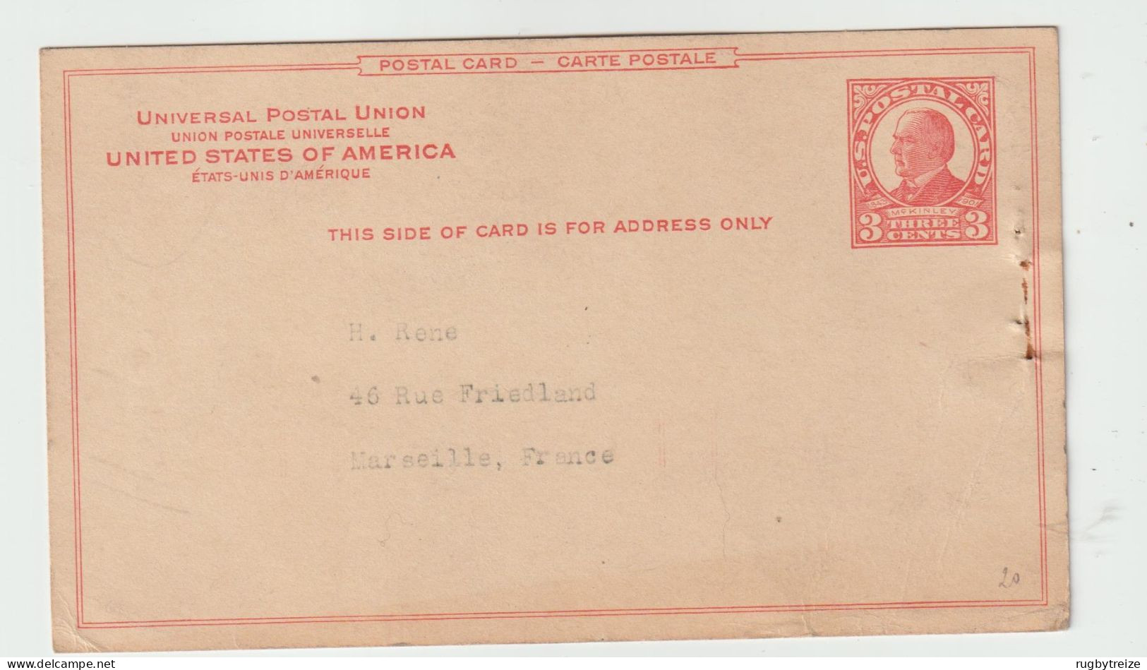 6301 Postal Stationery ENTIER POSTAL 1928 HINTON AND CO NEW YORK RENE RUE FRIEDLAND MARSEILLE MCKINLEY MC KINLEY - 1921-40