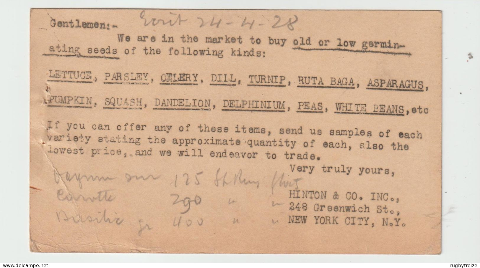 6301 Postal Stationery ENTIER POSTAL 1928 HINTON AND CO NEW YORK RENE RUE FRIEDLAND MARSEILLE MCKINLEY MC KINLEY - 1921-40