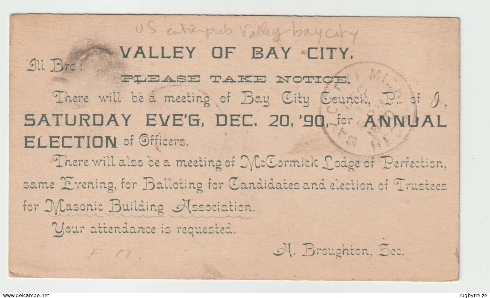 6302 Postal Stationery ENTIER POSTAL PUBLICITAIRE PUB BAY CITY MICHIGAN STELLS BROUGHTON VALEY OF BAY CITY - 1901-20