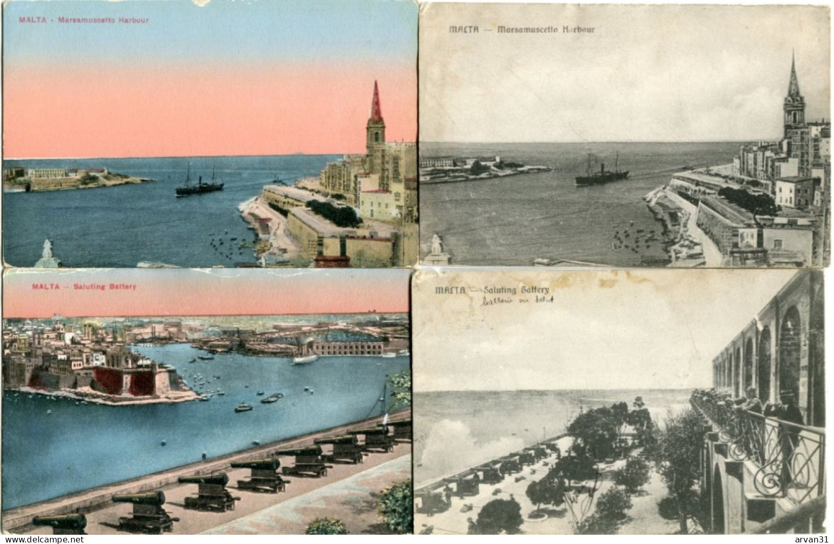 M A L T A - MARSAMUSCETTO  HARBOUR  & SALUTING BATTERY  - LOT De 4 CPA  ===============================> PORT GRATUIT - - Malta