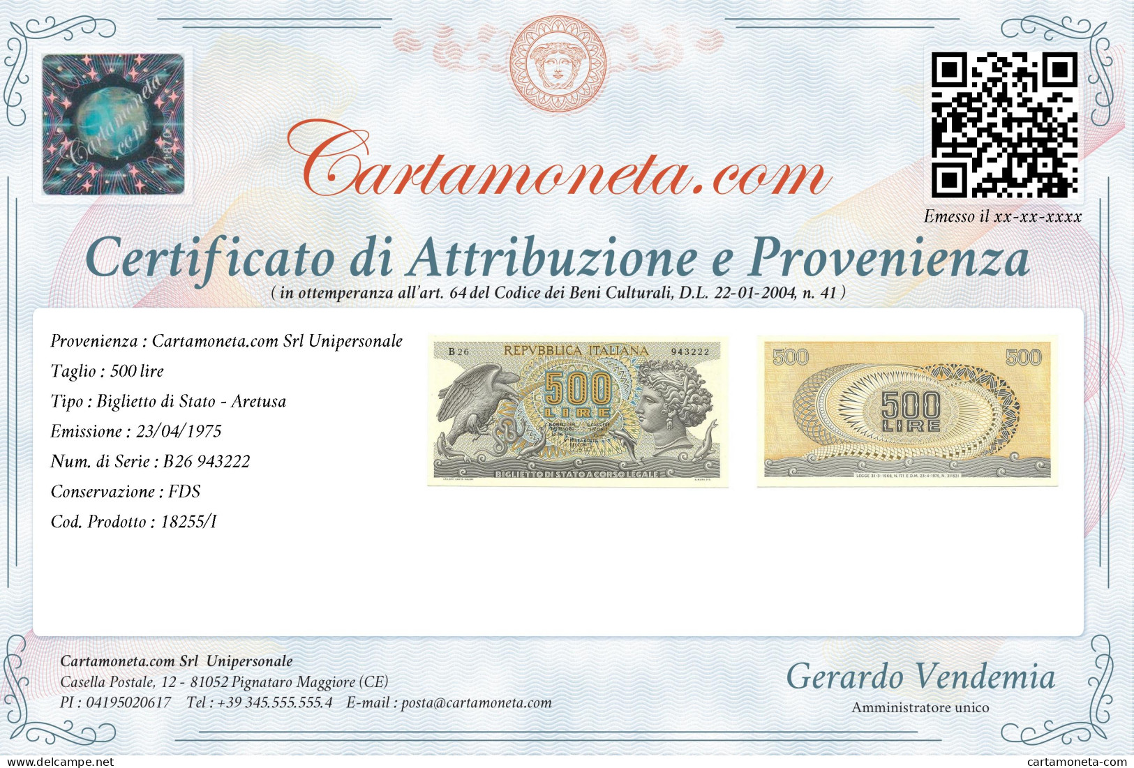 500 LIRE BIGLIETTO DI STATO ARETUSA 23/04/1975 FDS - Andere & Zonder Classificatie