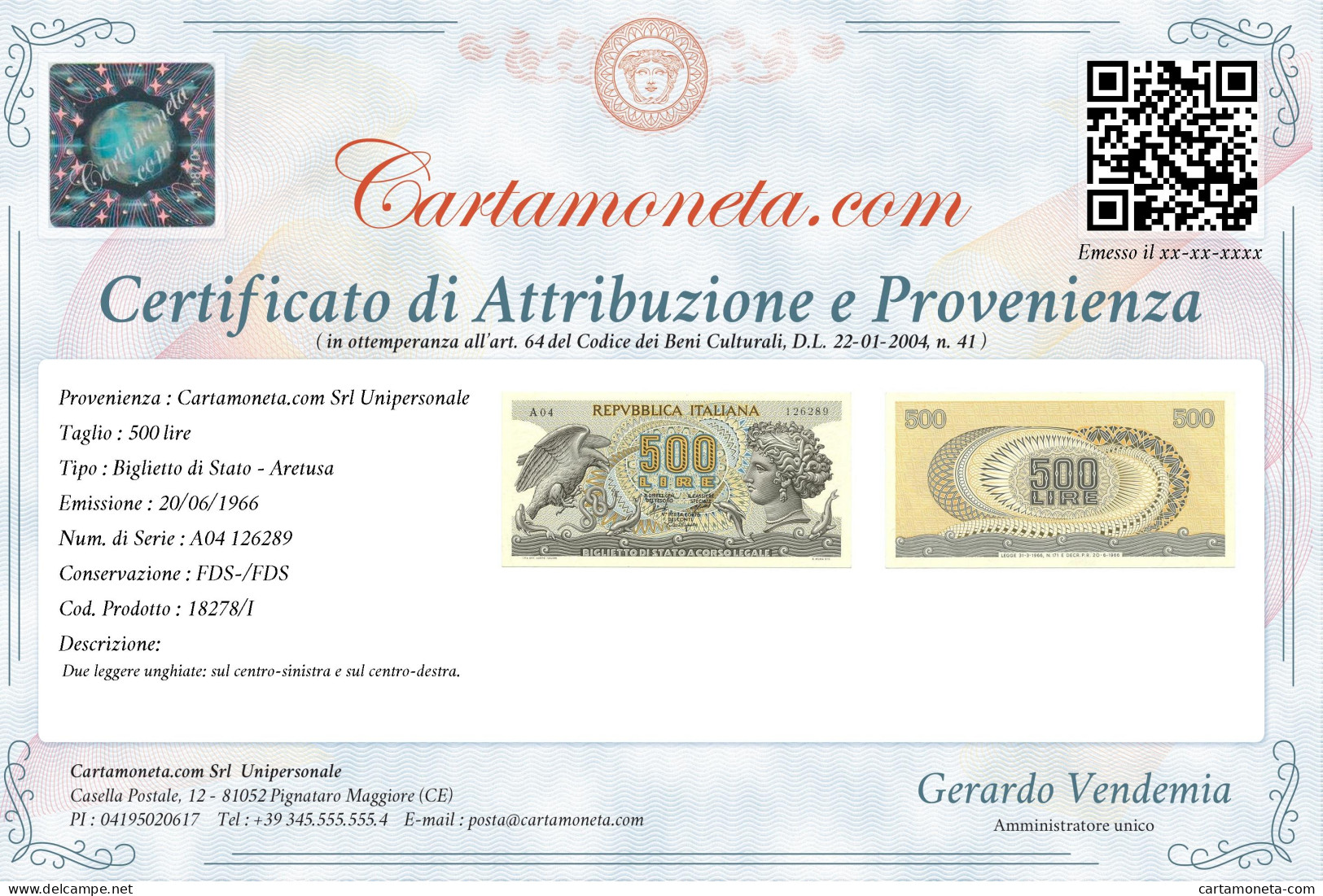 500 LIRE BIGLIETTO DI STATO ARETUSA 20/06/1966 FDS-/FDS - Andere & Zonder Classificatie