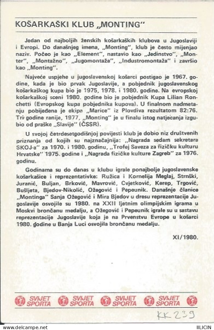 Trading Card KK000239 - Svijet Sporta Basketball Yugoslavia Croatia Monting Zagreb 10x15cm - Autres & Non Classés