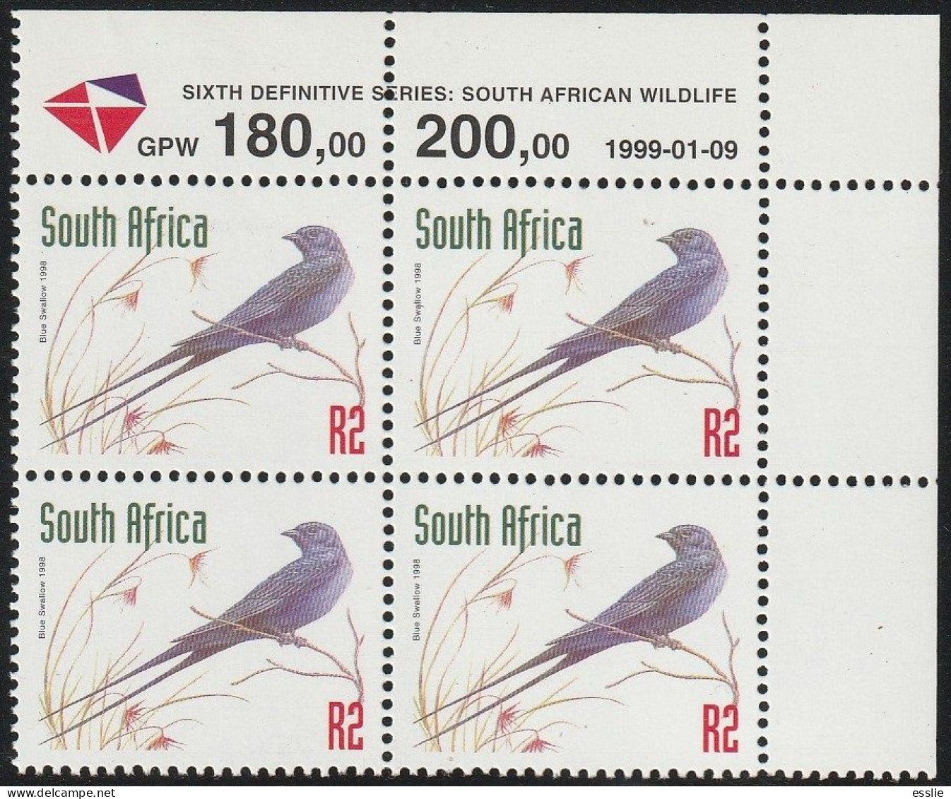 South Africa RSA - 1997 1998 (1999) - Sixth 6th Definitive Redrawn Endangered Fauna Blue Swallow - Hirondelles