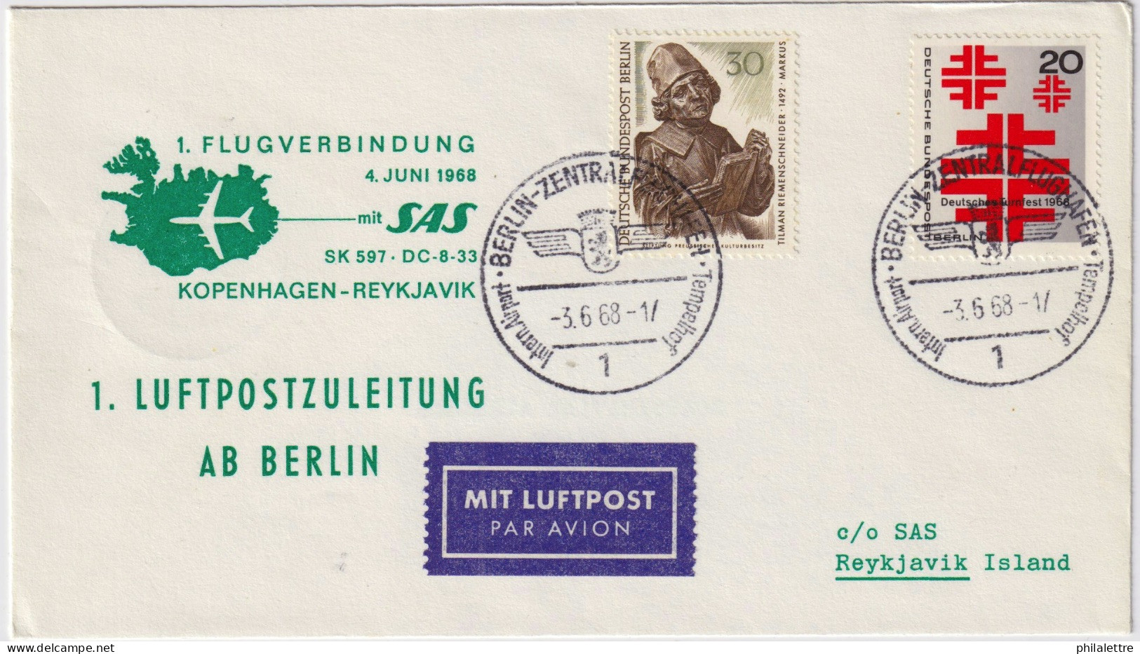ALLEMAGNE / GERMANY - BERLIN - 1968 Mi.305 & 321 On First SAS Flight Cover BERLIN To REYKJAVIK, Via COPENHAGEN - Storia Postale