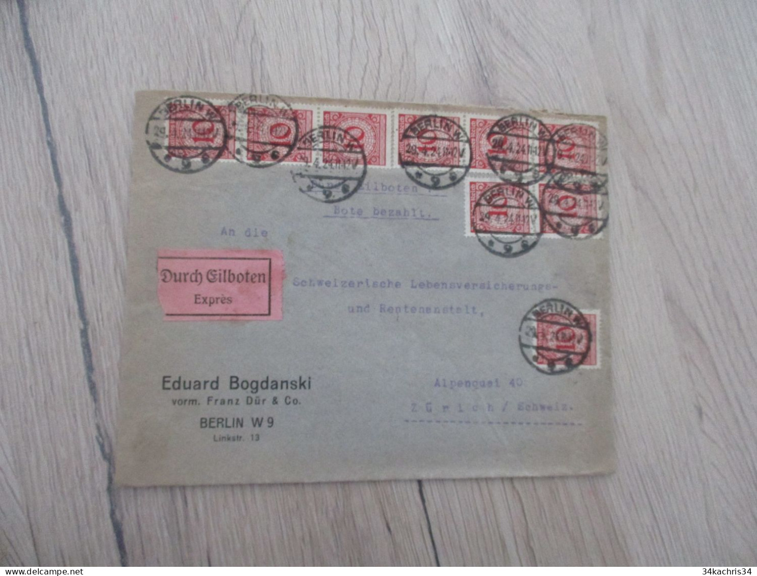 Lettre Allemagne Inflation 9 TP Anciens  Pour Zurich Suisse 1924 Durch Gilboten Exprès - Briefe U. Dokumente