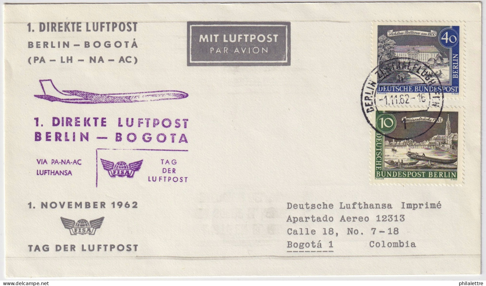 ALLEMAGNE / GERMANY - BERLIN - 1962 Mi.219 & 223 On First Flight Cover BERLIN To BOGOTA, Colombia - Briefe U. Dokumente