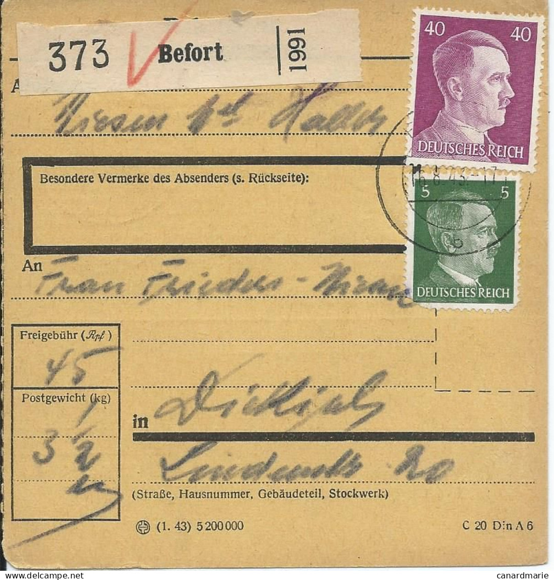 BULLETIN DE COLIS POSTAL 1943 AVEC ETIQUETTE DE BEFORT - 1940-1944 Deutsche Besatzung