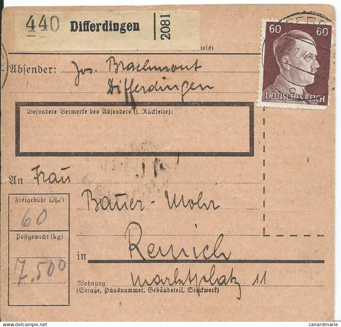 2 BULLETINS DE COLIS POSTAUX 1943/44 AVEC ETIQUETTES DE DIFFERDINGEN - 1940-1944 Occupation Allemande