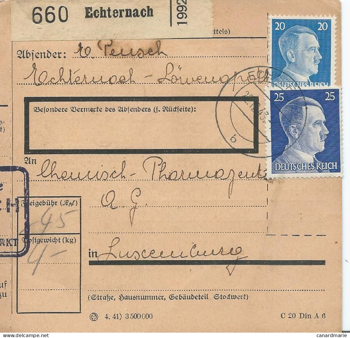 BULLETIN DE COLIS POSTAL 1943 AVEC ETIQUETTE DE ECHTERNACH - 1940-1944 Duitse Bezetting