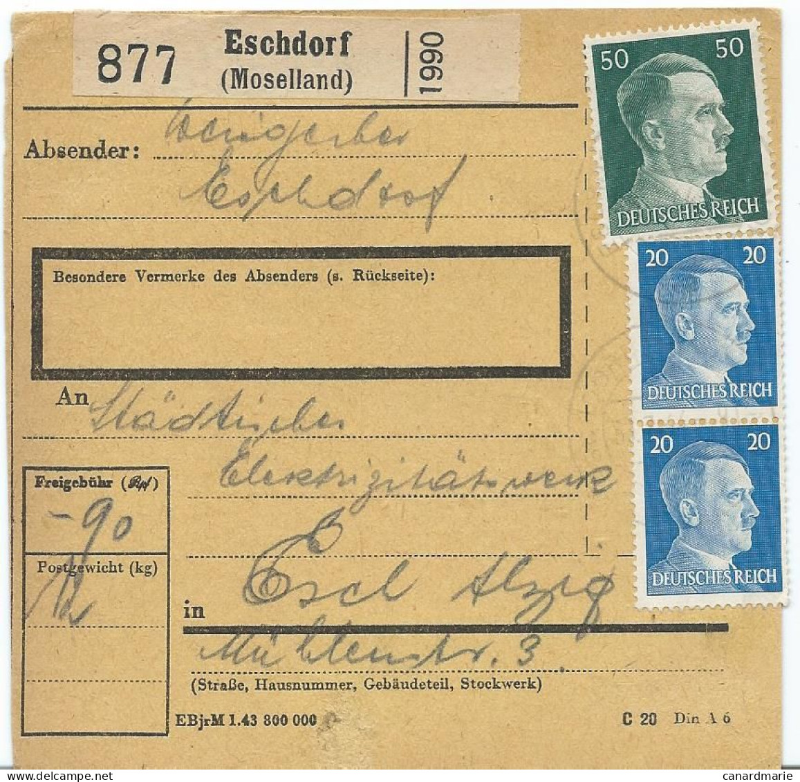 BULLETIN DE COLIS POSTAL 1944 AVEC ETIQUETTE DE ESCHDORF ( MOSELLAND) - 1940-1944 Deutsche Besatzung