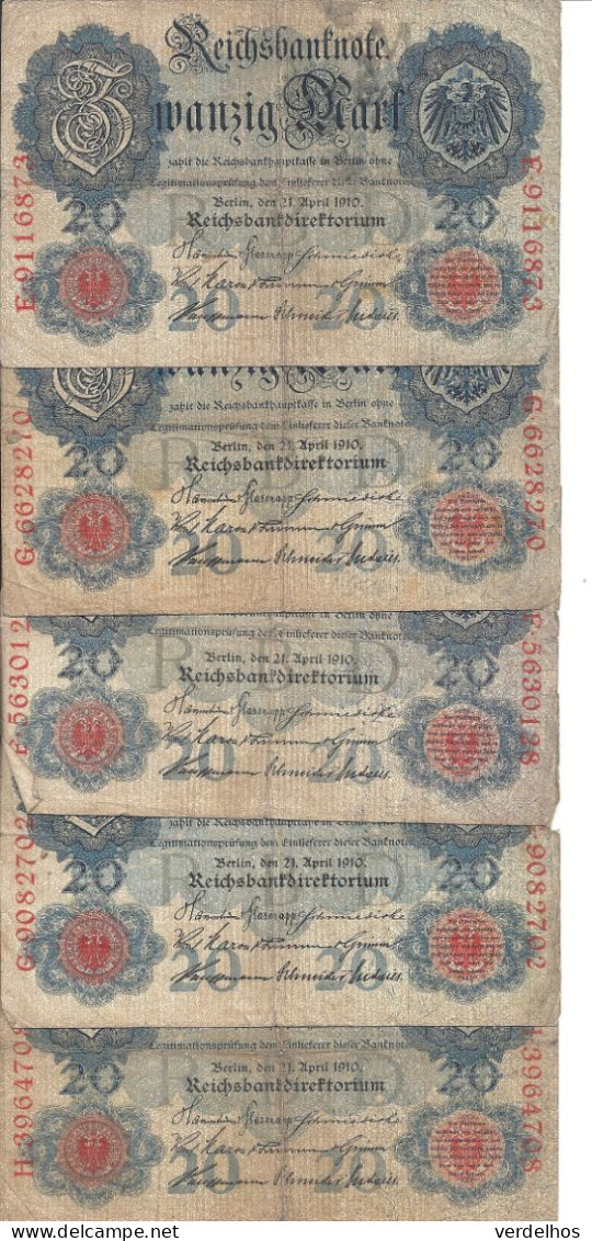 ALLEMAGNE 20 MARK 1910 VG+ P 40 ( 5 Billets ) - 20 Mark