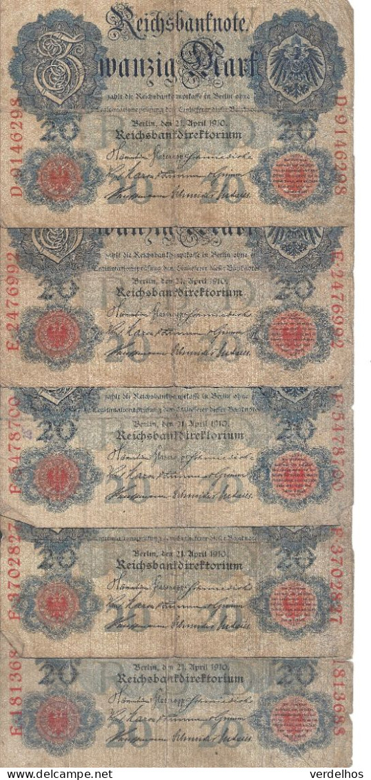 ALLEMAGNE 20 MARK 1910 VG+ P 40 ( 5 Billets ) - 20 Mark