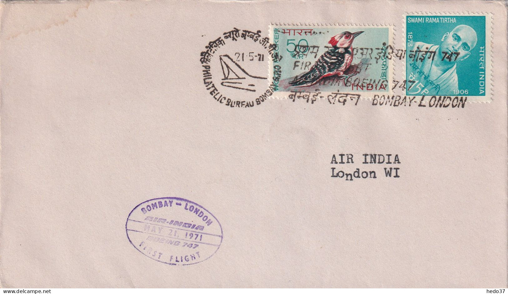 Inde - 1er Vol - Lettre - Corréo Aéreo