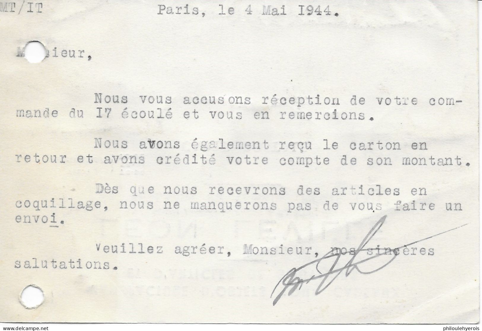 PARIS (75) Carte Commerciale Manufacture Cadeaux Et Souvenirs L. Léville 1944  Pour LANGRES (52) - Non Classés