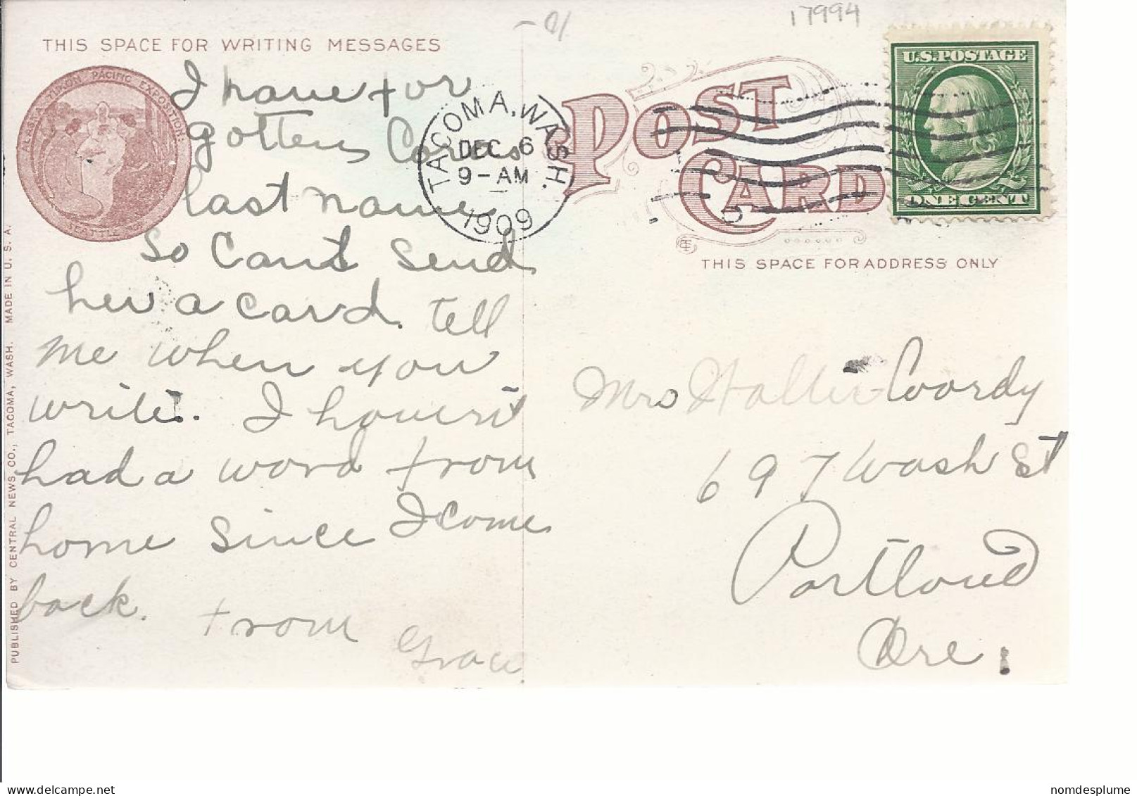 17994) USA WA Seattle Alaska Yukon Pacific Exposition 1909 Postmark Cancel See Back - Seattle