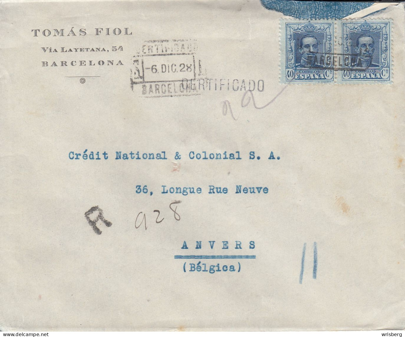 Env.  RECO   Y&T 282 X 2   Obl. BARCELONA Du 6.DIC. 1928  Adressée à ANVERS - Barcelona