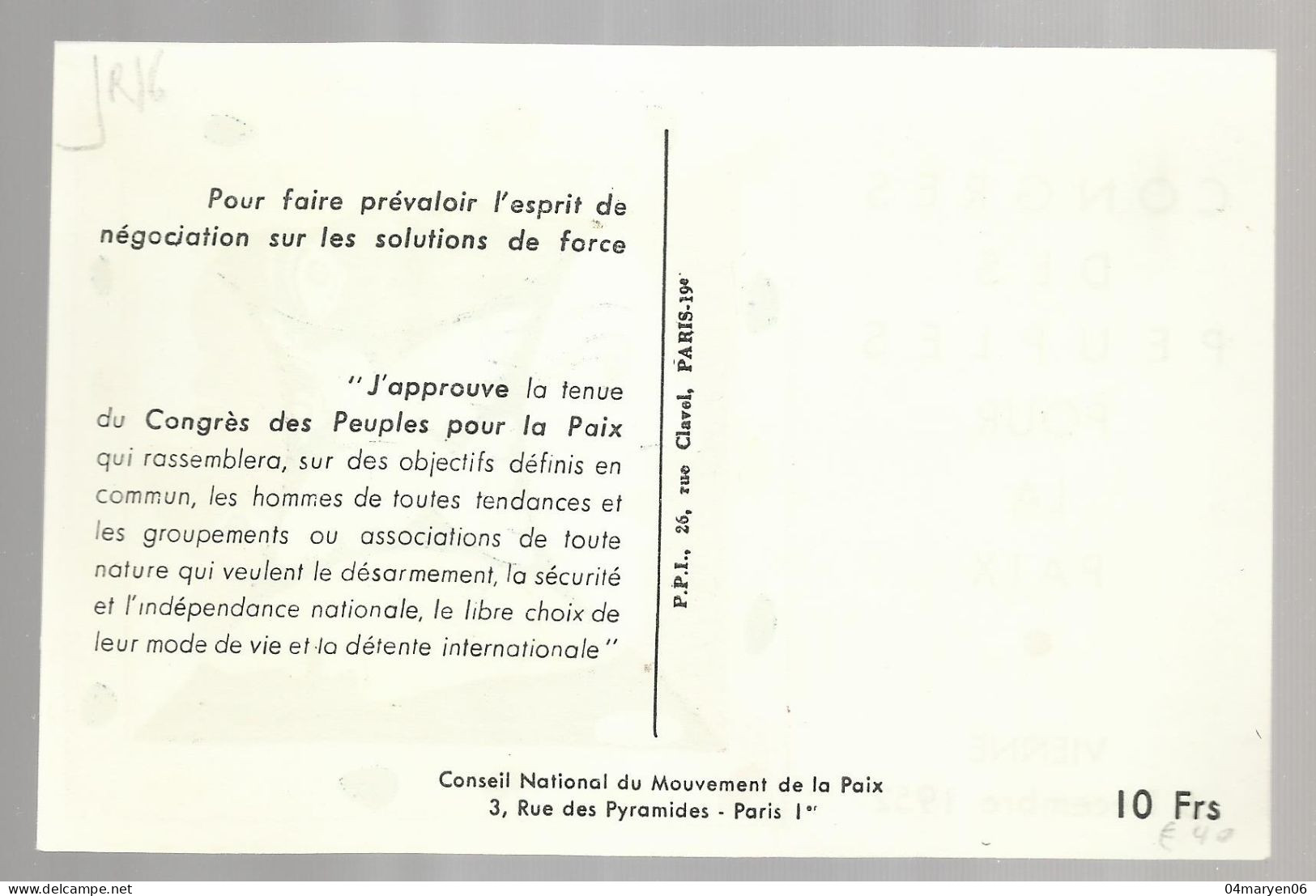 ***  VIENNE , 5 Décembre 1952  ***  -   Congrès Des Peuples Pour La Paix   -   Zie / Voir Scan's - Other & Unclassified