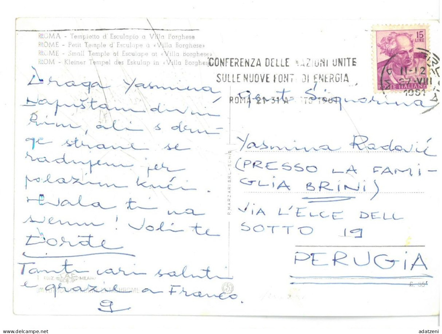 BR3704 Roma Tempietto Di Esculapio A Villa Borghese Viaggiata 1961 Verso Perugia - Parques & Jardines
