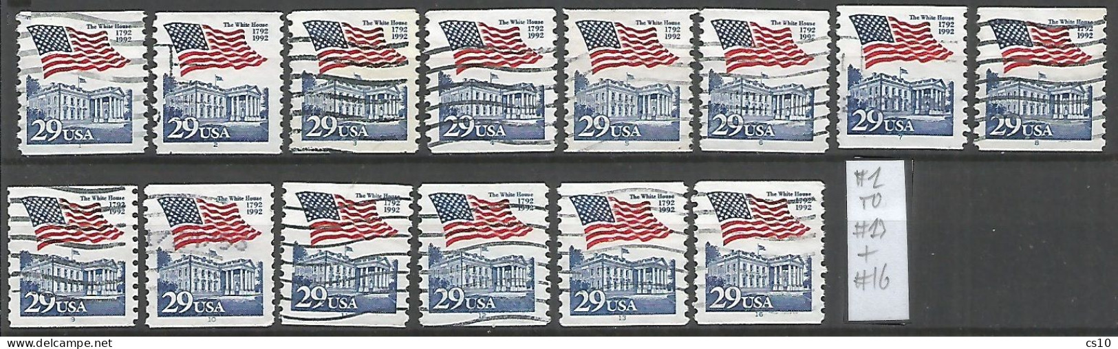 USA 1992 Flag Over White House C.29 COIL Used SC.# 2609 Wide Series Of Plate Numbers From 1 To 13 + 16 !!! - Rollenmarken