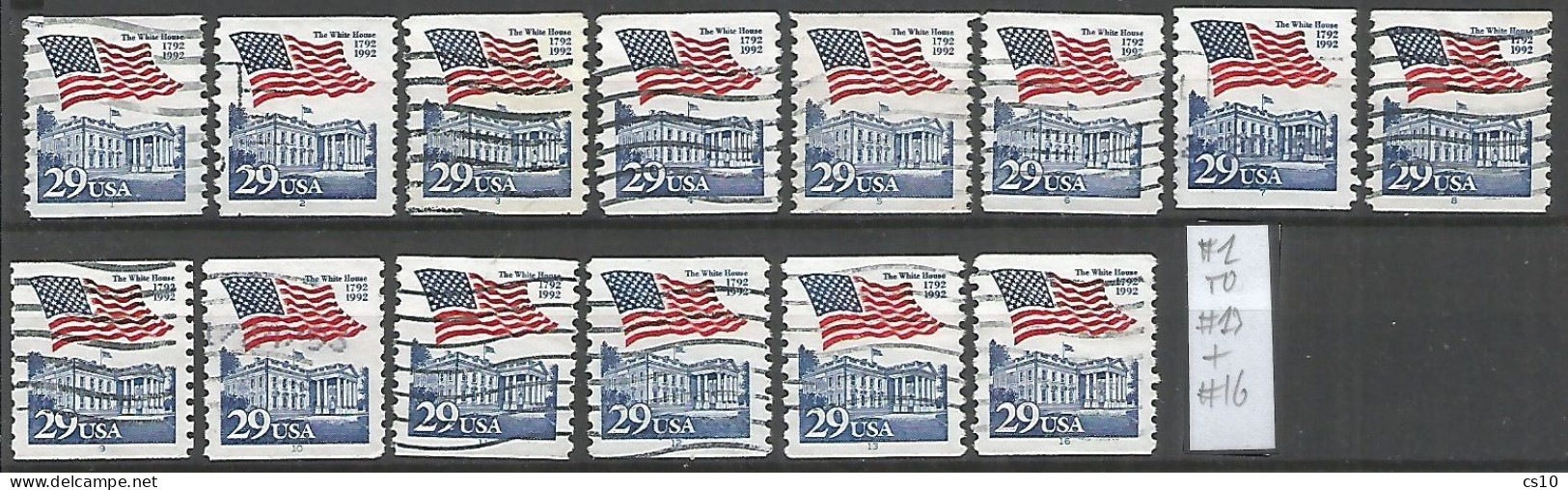 USA 1992 Flag Over White House C.29 COIL Used SC.# 2609 Wide Series Of Plate Numbers From 1 To 13 + 16 !!! - Francobolli In Bobina