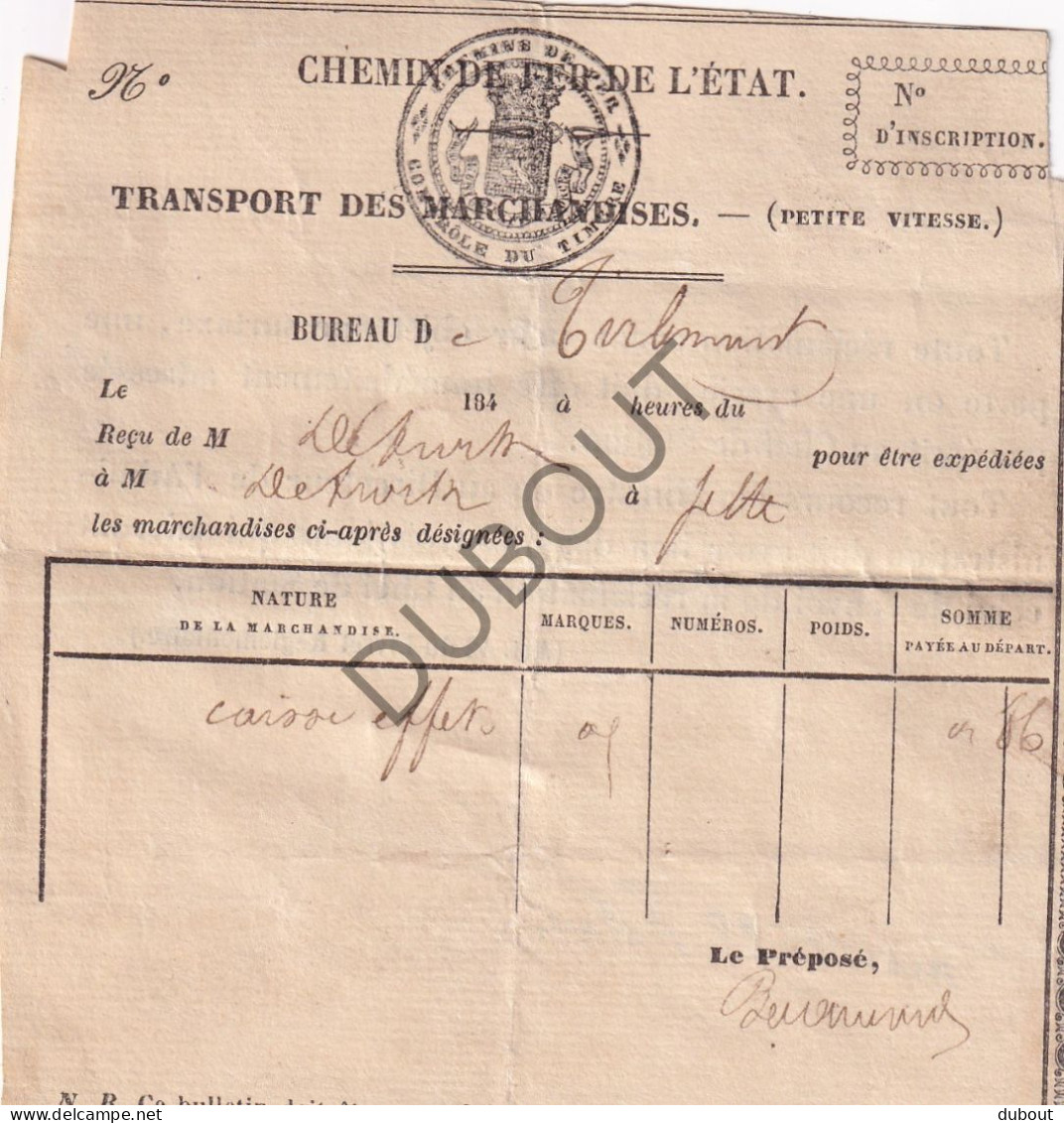 Chemin De Fer/Trein - Reçu Transport De Marchandises De Tirlemont à Jette - ±1840 (V2344) - 1800 – 1899