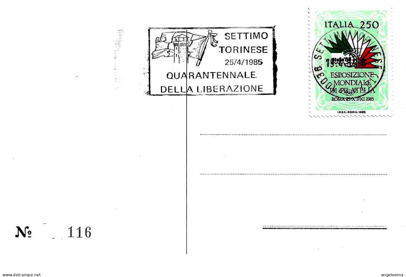 ITALIA ITALY - 1985 SETTIMO TORINESE (TO) 40° Liberazione (bandiera, Torre Castello) Targhetta Su Cartolina Spec. - 3006 - Châteaux