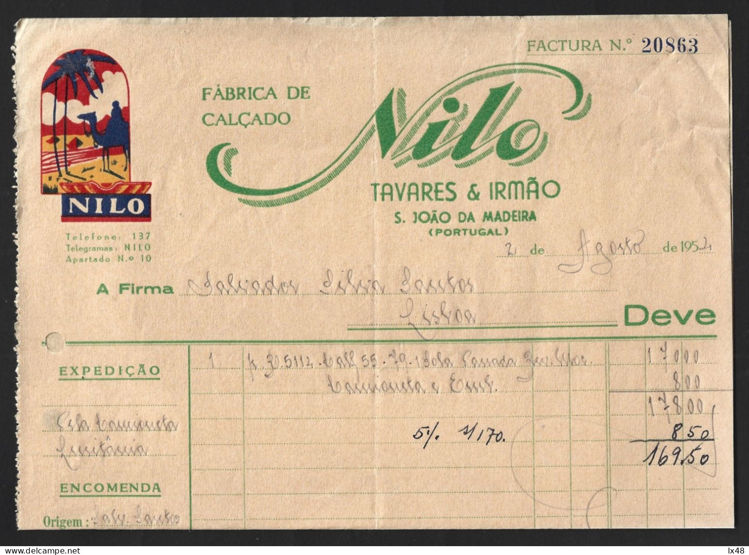 Nilo River. Camel. Desert. Footwear Factory Invoice From 1954. Nilo Footwear Brand. Nilo-Fluss. Kamel. Wüste. Rechnung D - Portugal