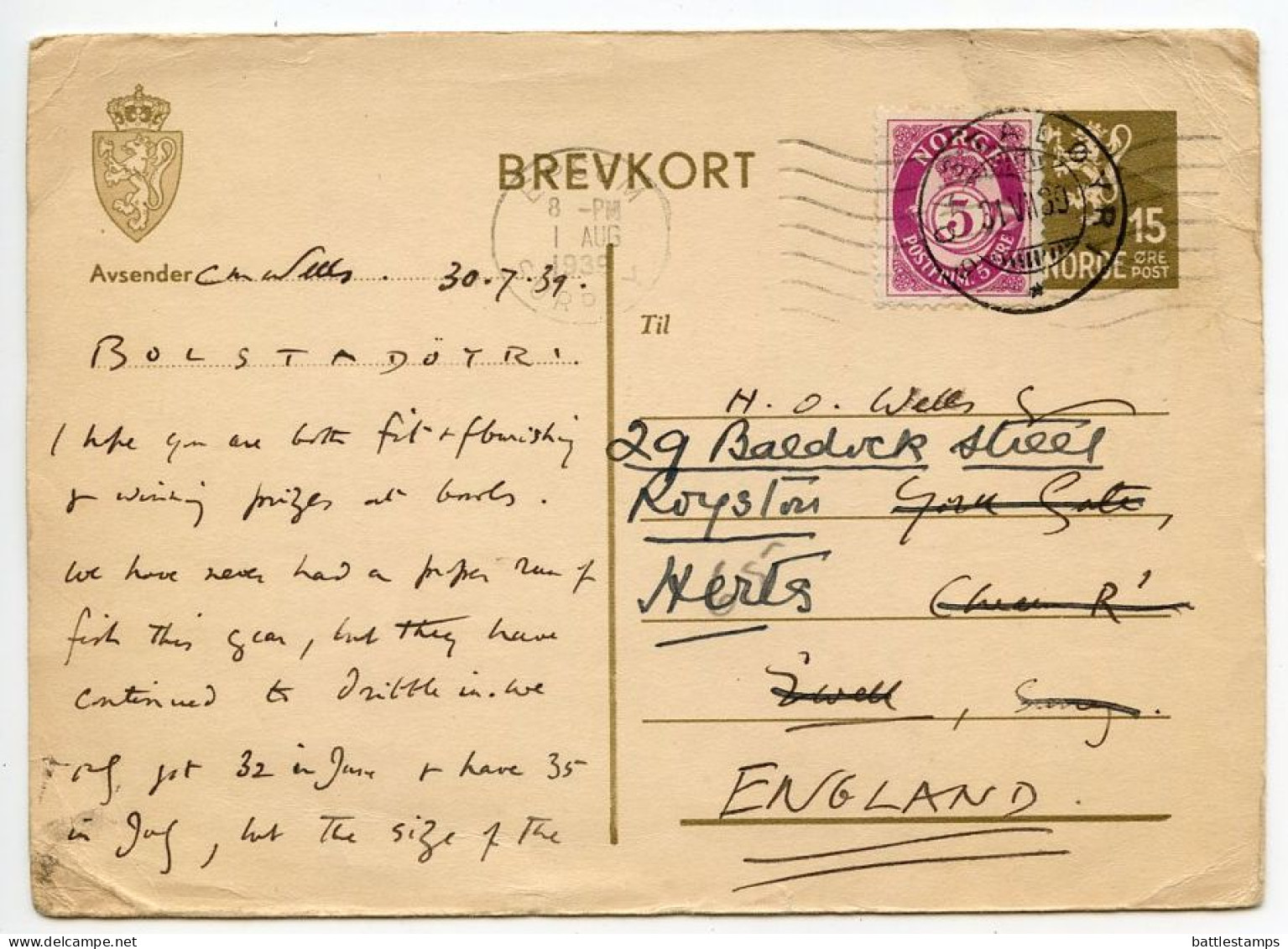 Norway 1939 Uprated 15o. Lion Rampant Postal Card; Bolstadøyri To East Ewell And Royston, England - Postwaardestukken