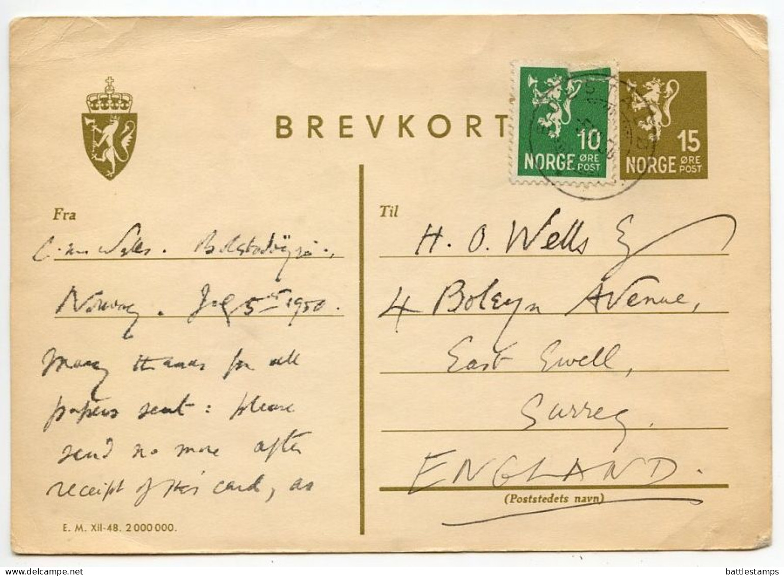 Norway 1950 Uprated 15o. Lion Rampant Postal Card; Bolstadøyri To East Ewell, Surrey, England - Ganzsachen