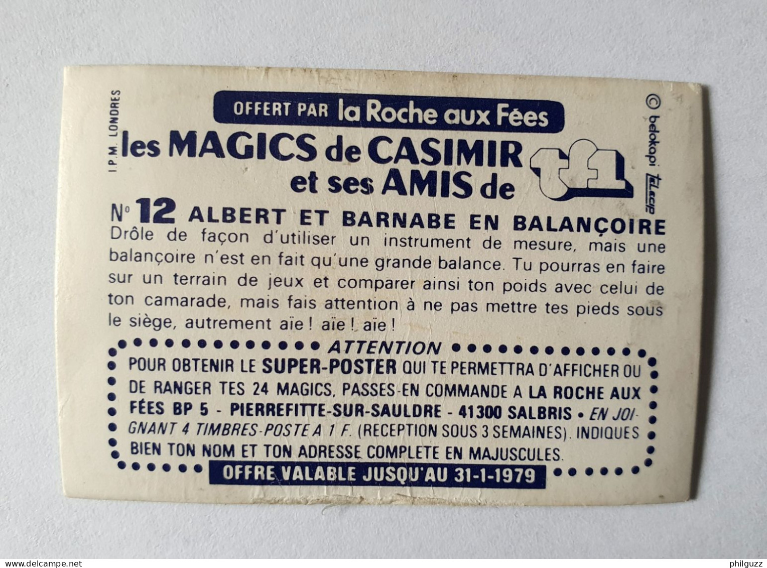 RARE IMAGE HOLOGRAPHIQUE LA ROCHE AUX FEES CASIMIR N° 12 ALBERT ET BARNABE EN BALANCOIRE 1ère Série 1979 - Sammelbilder