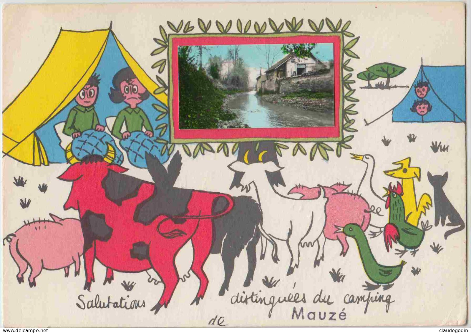 Mauzé, Deux Sevres. Salutations Distinguées Du Camping. Carte Fantaise Grd Format. 2 Scans - Mauze Sur Le Mignon