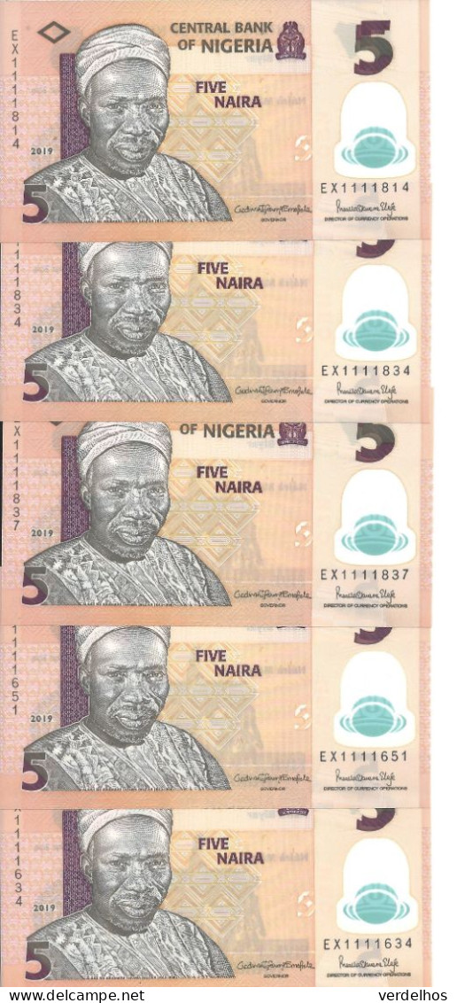 NIGERIA 5 NAIRA 2019 UNC P 38 J ( 5 Billets ) - Nigeria