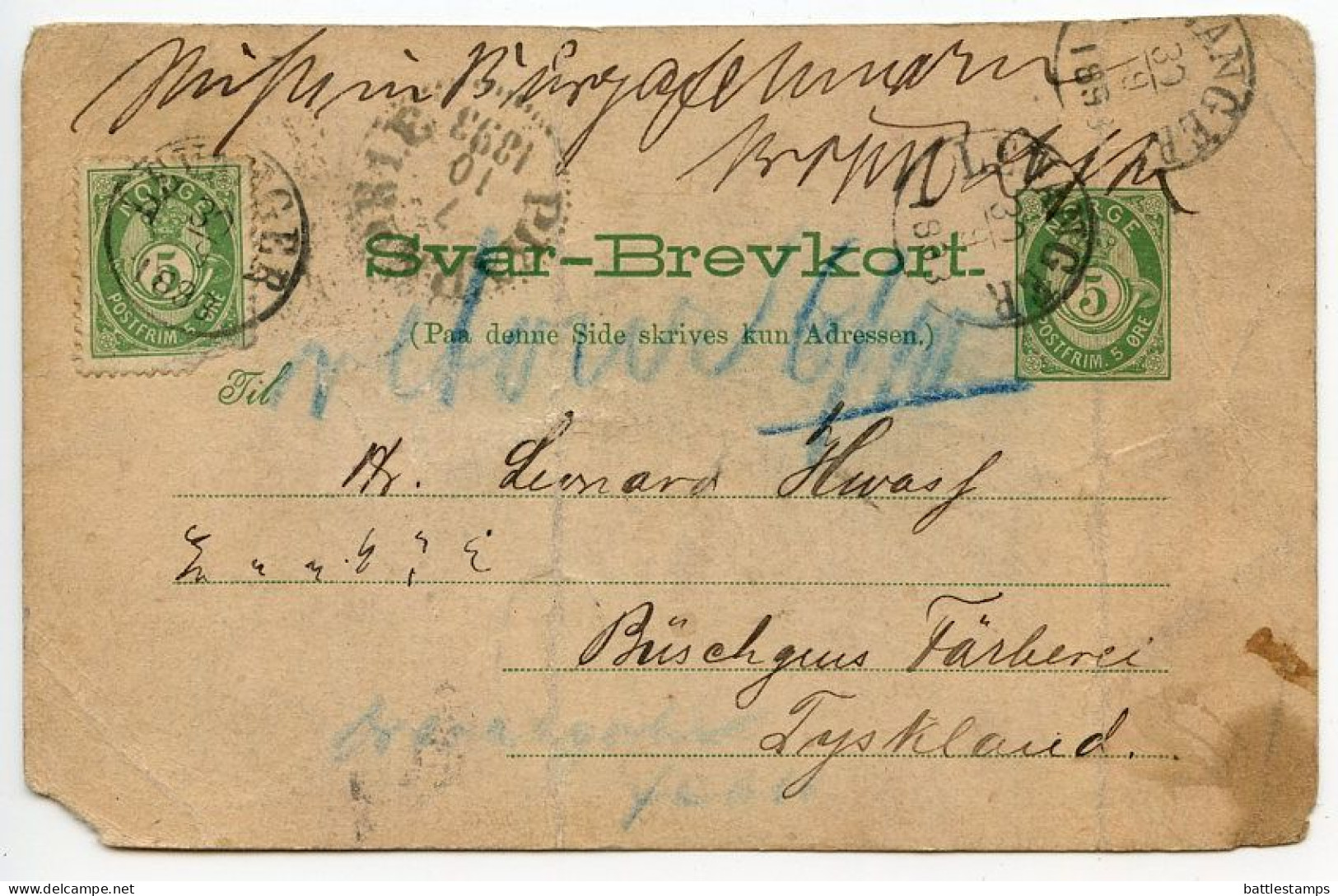 Norway 1894 Uprated 5o. Post Horn Postal Card; Levanger To Germany; Swedish TPO Postmark - P.K.X.P. - Ganzsachen