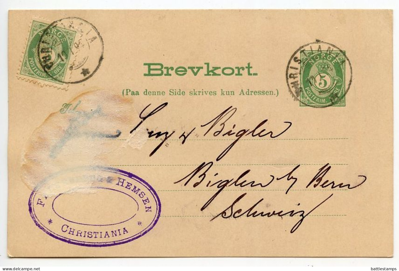 Norway 1894 Uprated 5o. Post Horn Postal Card; Kristiania To Biglen, Switzerland - Ganzsachen