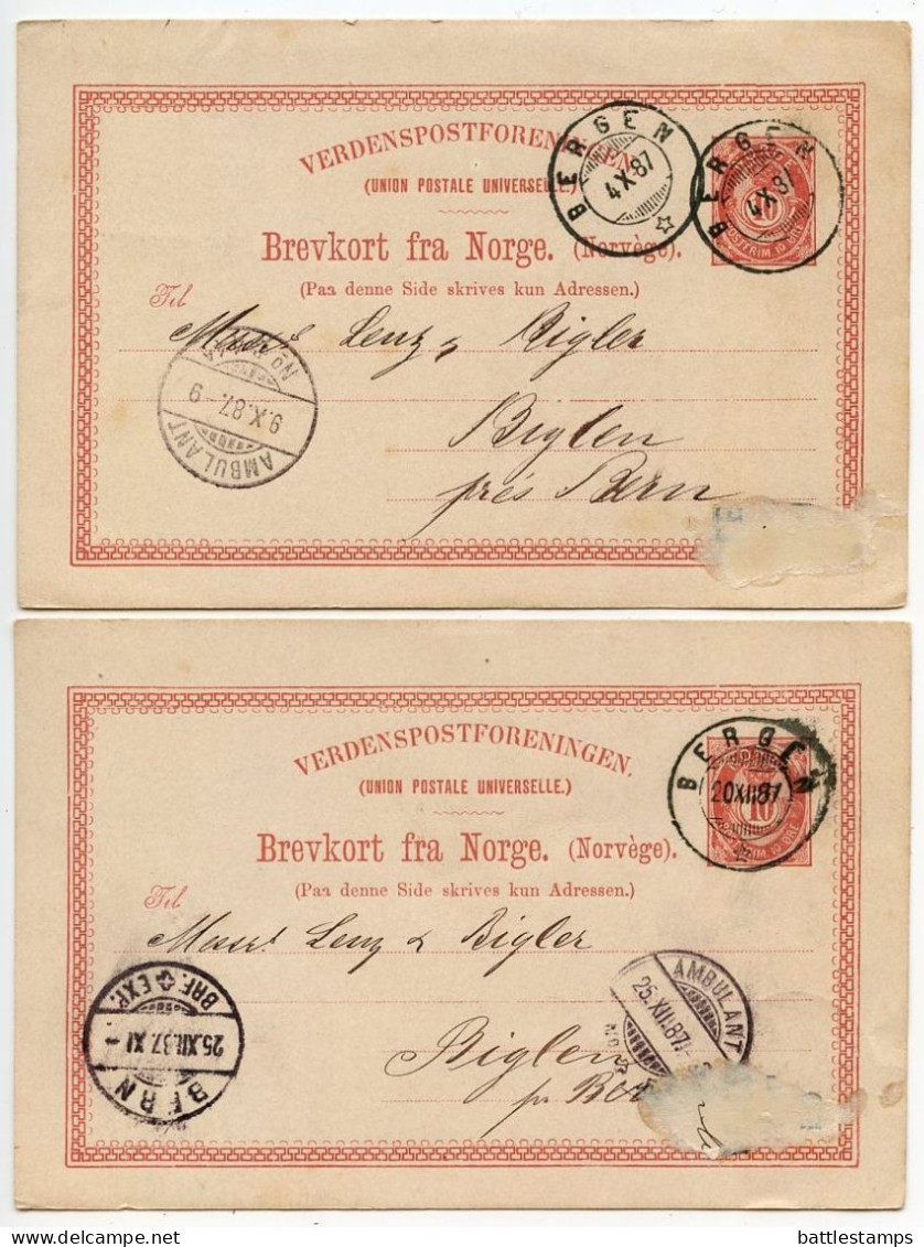 Norway 1887 Two 10o. Post Horn Postal Cards; Bergen To Biglen, Switzerland; Swiss Ambulant Postmarks - Postwaardestukken